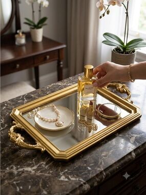 Vintage Inspired Gold Plastic Mirrored Rectangular Vanity Tray w/ Handles
